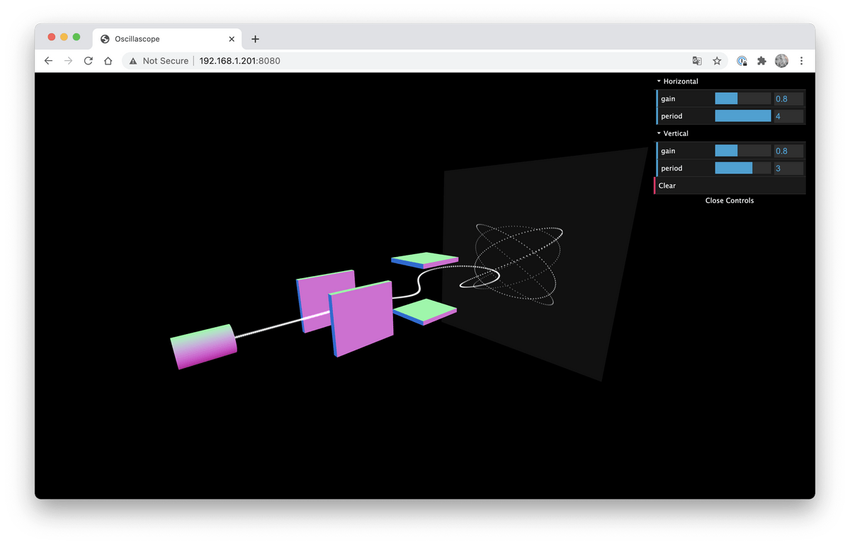 Screenshot: inner of an oscilloscope with horizontal & vertical deflection displaying a Lissajous pattern